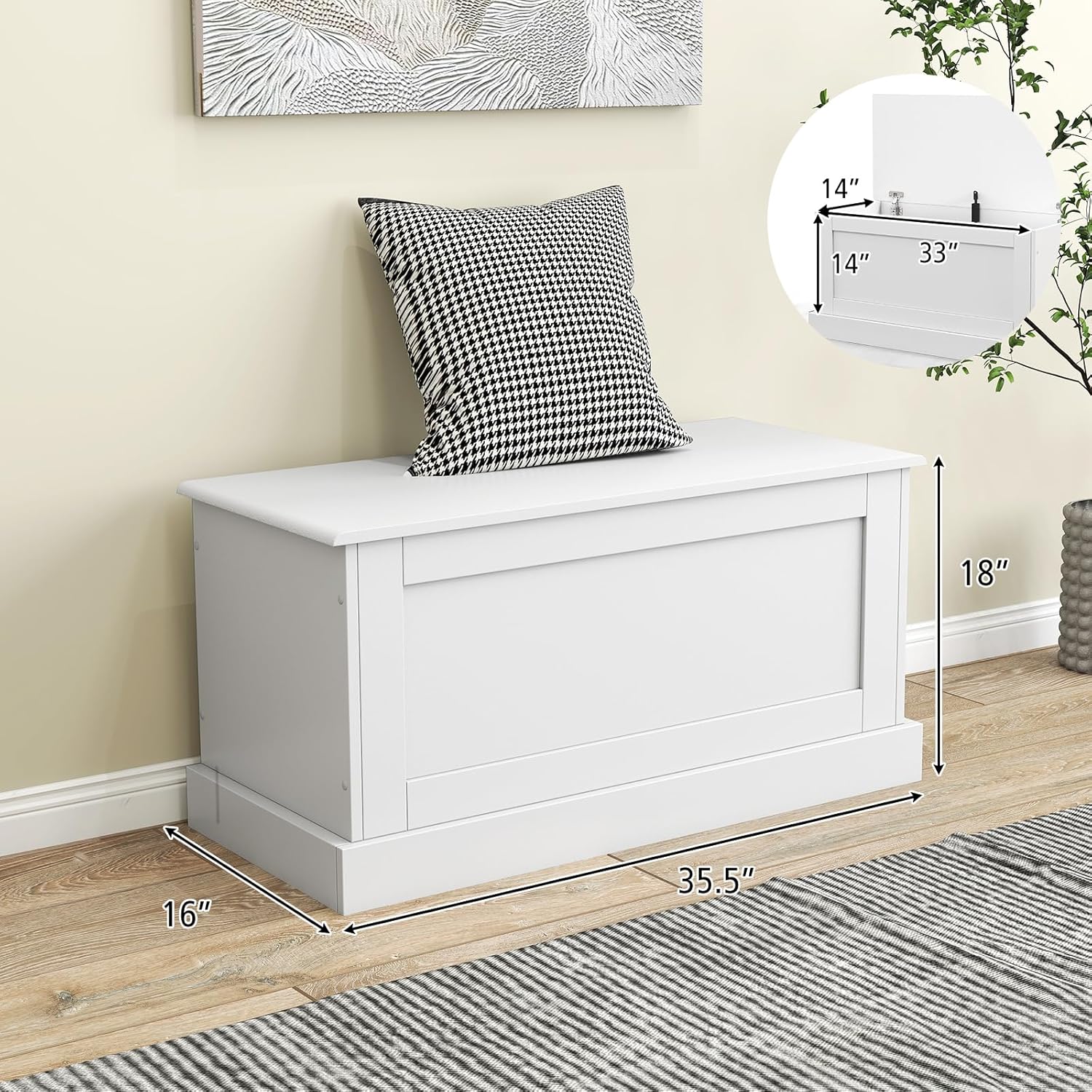 LOKO 35.5” Storage Chest, Lift Top Storage Box with Metal Hinges, Wooden Storage Bench with Safety Hydraulic Strut, Large Modern Storage Trunk for Living Room, Bedroom, Entryway (White)
