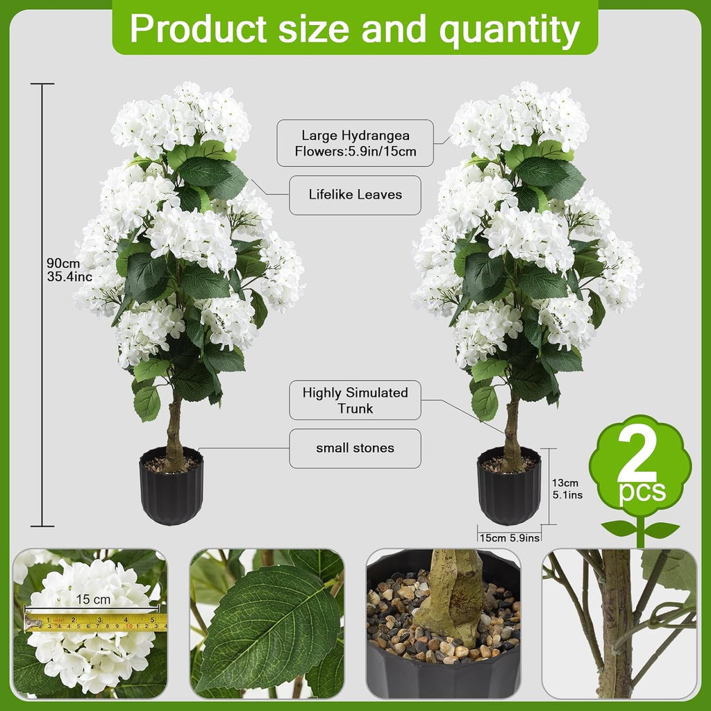 2 Pcs 3 Ft Artificial Hydrangea Trees Potted, UV Resistant Faux Silk Hydrangea Plant in Pot for Indoor Outdoor Decoration, Hydrangea Topiary for Garden Office Home Porch Patio Decor (2, White)