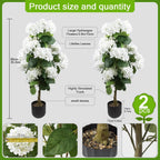2 Pcs 3 Ft Artificial Hydrangea Trees Potted, UV Resistant Faux Silk Hydrangea Plant in Pot for Indoor Outdoor Decoration, Hydrangea Topiary for Garden Office Home Porch Patio Decor (2, White)