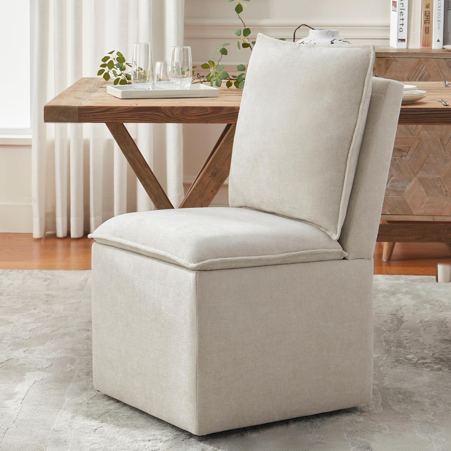 VKNOW Upholstered Dining Chairs, Modern Rolling Chairs with Storage and Wheels, Linen Armless Chair with Cushion and Backrest, Dining Room Chairs for Living Room Kitchen Bedroom, Beige