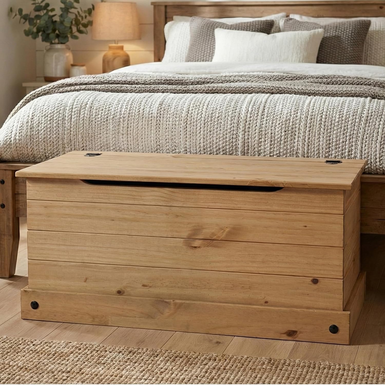 Corona Storage Chest with Lid – Natural Wood Trunk for Entryway, Bedroom, or Living Room – Safe-Stay Hinged Top for Easy Access