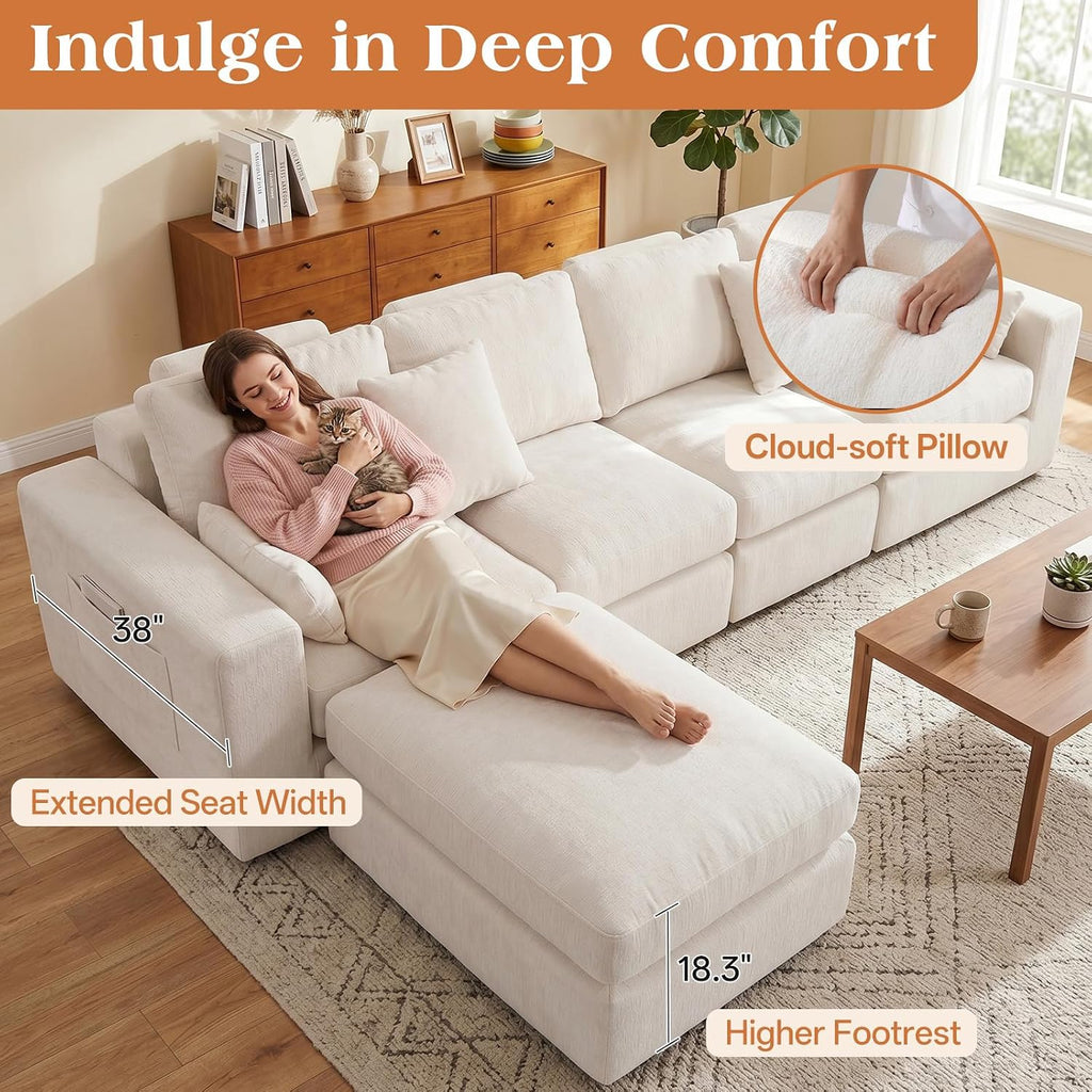 136" Cloud Modular Sectional Sofa with Detachable Comfort Seat Cushion, U-Shaped Convertible Boneless Couches for Living Room, Rearrange Freely, No Assembly, Warm White, 6-Seater Ensemble