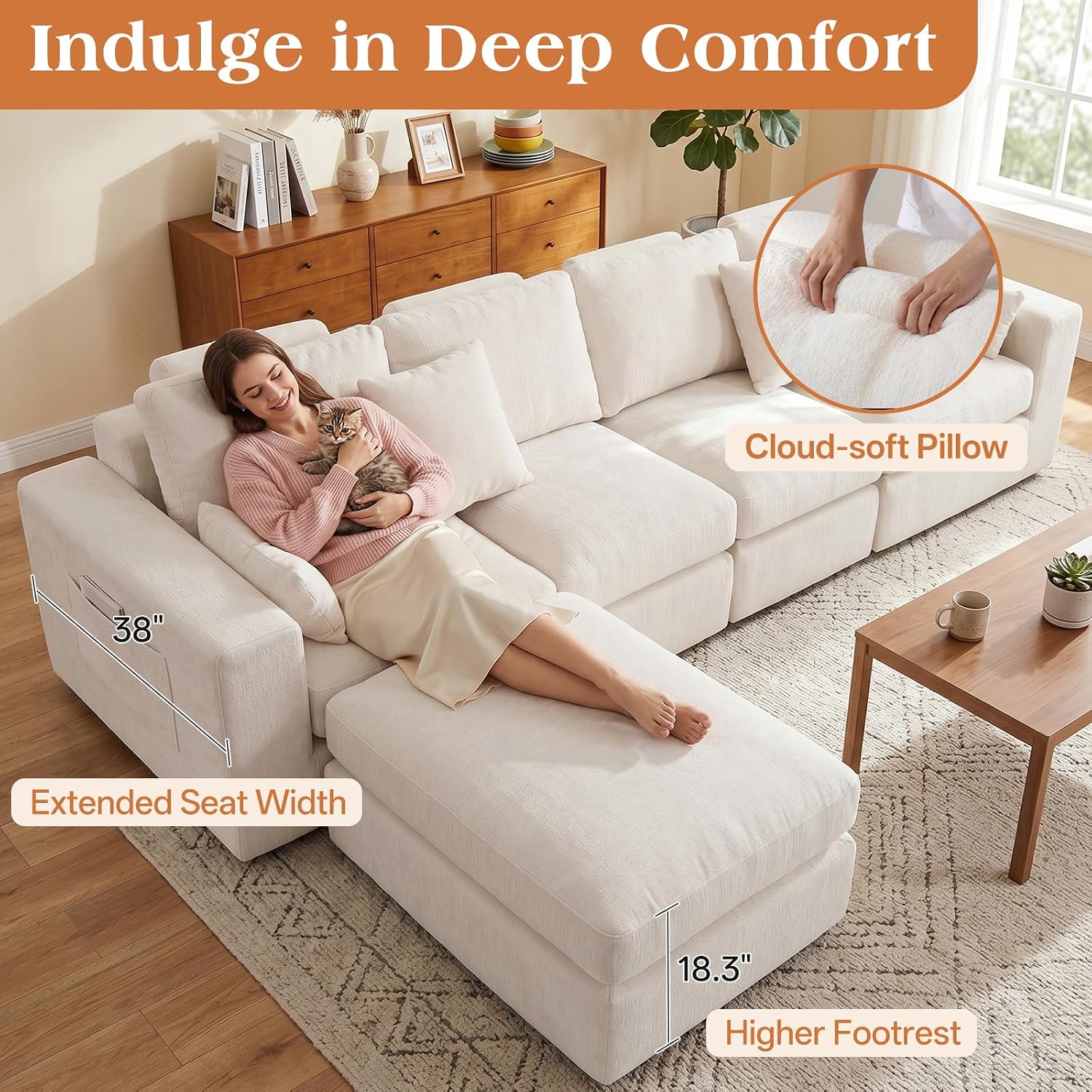 136" Cloud Modular Sectional Sofa with Detachable Comfort Seat Cushion, U-Shaped Convertible Boneless Couches for Living Room, Rearrange Freely, No Assembly, Warm White, 6-Seater Ensemble