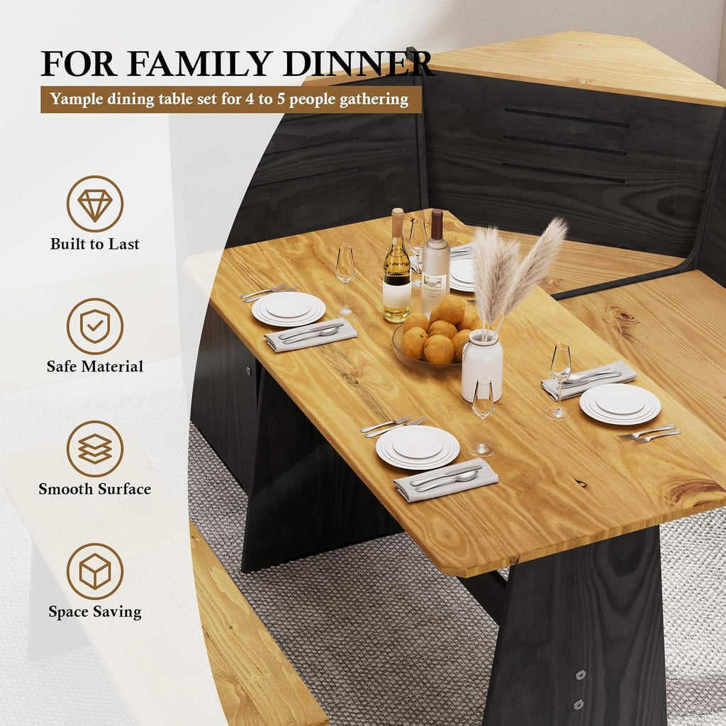Breakfast Nook Dining Table Set – Black Corner Bench Dining Table, L Shaped Kitchen Nook Booth, Space-Saving Corner Dining Table Set for Kitchen, Apartment, Small Space