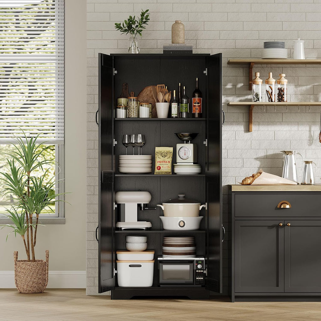 Garvee Tall Pantry Cabinet, 60" Kitchen Storage Cabinet with 2 Doors & Adjustable Shelves, Freestanding Wooden Cupboard for Bathroom，Dining Room, Living Room,Black