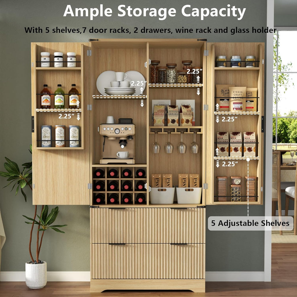 Loomie 71" Tall Kitchen Pantry Cabinet, Modern Fluted Storage Cabinet w/2 Drawers, 5 Adjustable Shelves & 7 Door Shelves, Wine Bar Cabinet w/Wine Rack & Glass Holder, Cupboard for Kitchen (Natural)