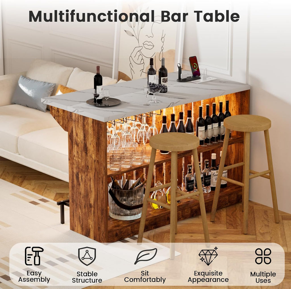 55-Inch Home Bar Unit, 2-Tier Drop Leaf Mini Bar Table with LED Light & Charging Station, Modern Faux Marble Counter Height Pub Table with Footrest for Dining Room, Living Room, Bistro