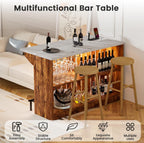 55-Inch Home Bar Unit, 2-Tier Drop Leaf Mini Bar Table with LED Light & Charging Station, Modern Faux Marble Counter Height Pub Table with Footrest for Dining Room, Living Room, Bistro