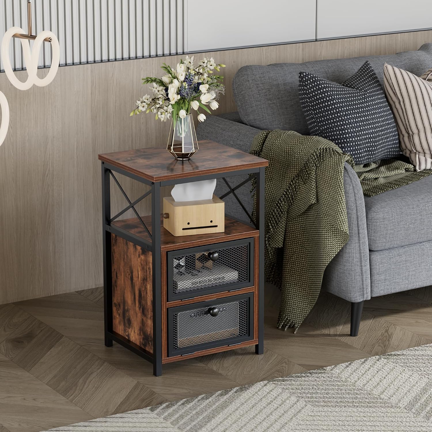VECELO End Side Table, Modern Night Stand with Storage Space and Door, Set of 2 Nightstands for Living Room,Bedroom,Lounge, Brown