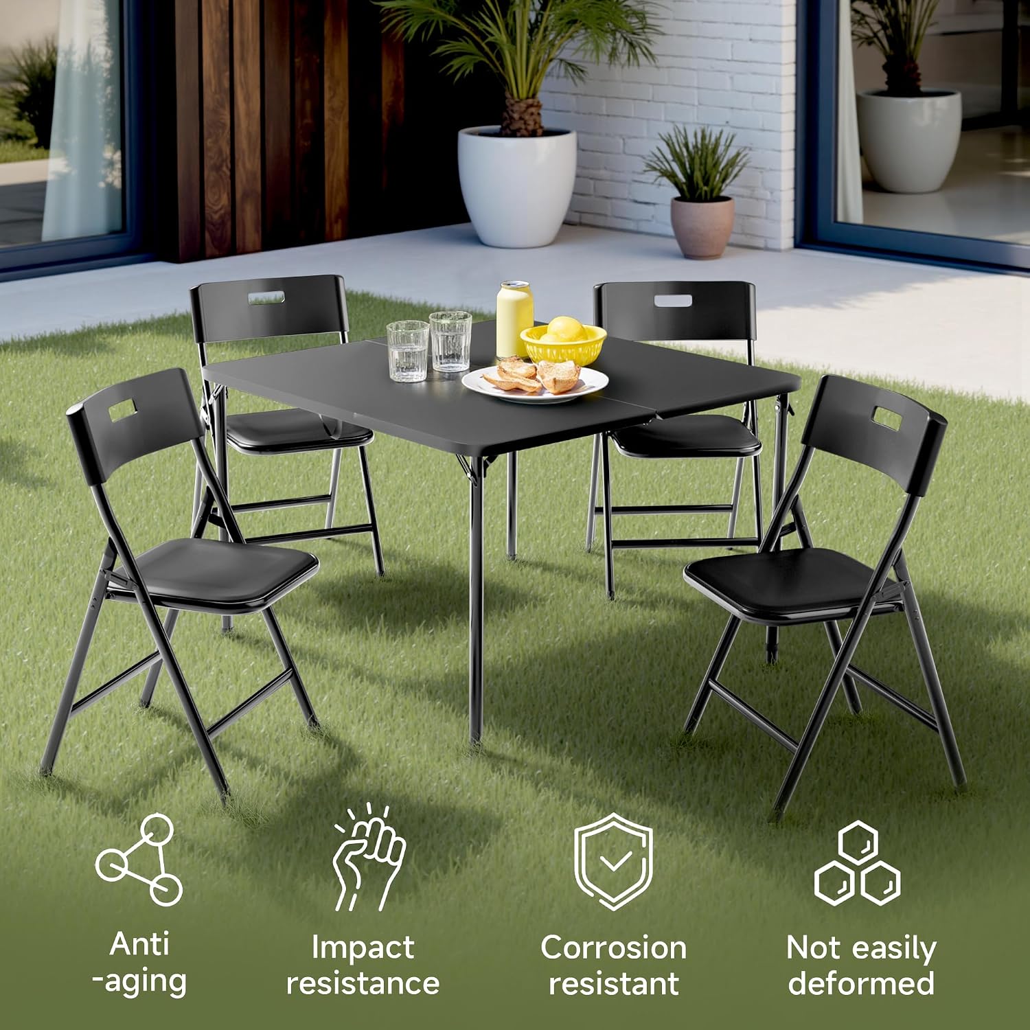 Folding Card Table and Chairs Set, 5-Piece, 34" Card Table with 4 Durable 330lbs Chairs for Card Games, Dining, Indoor & Outdoor Use, Black