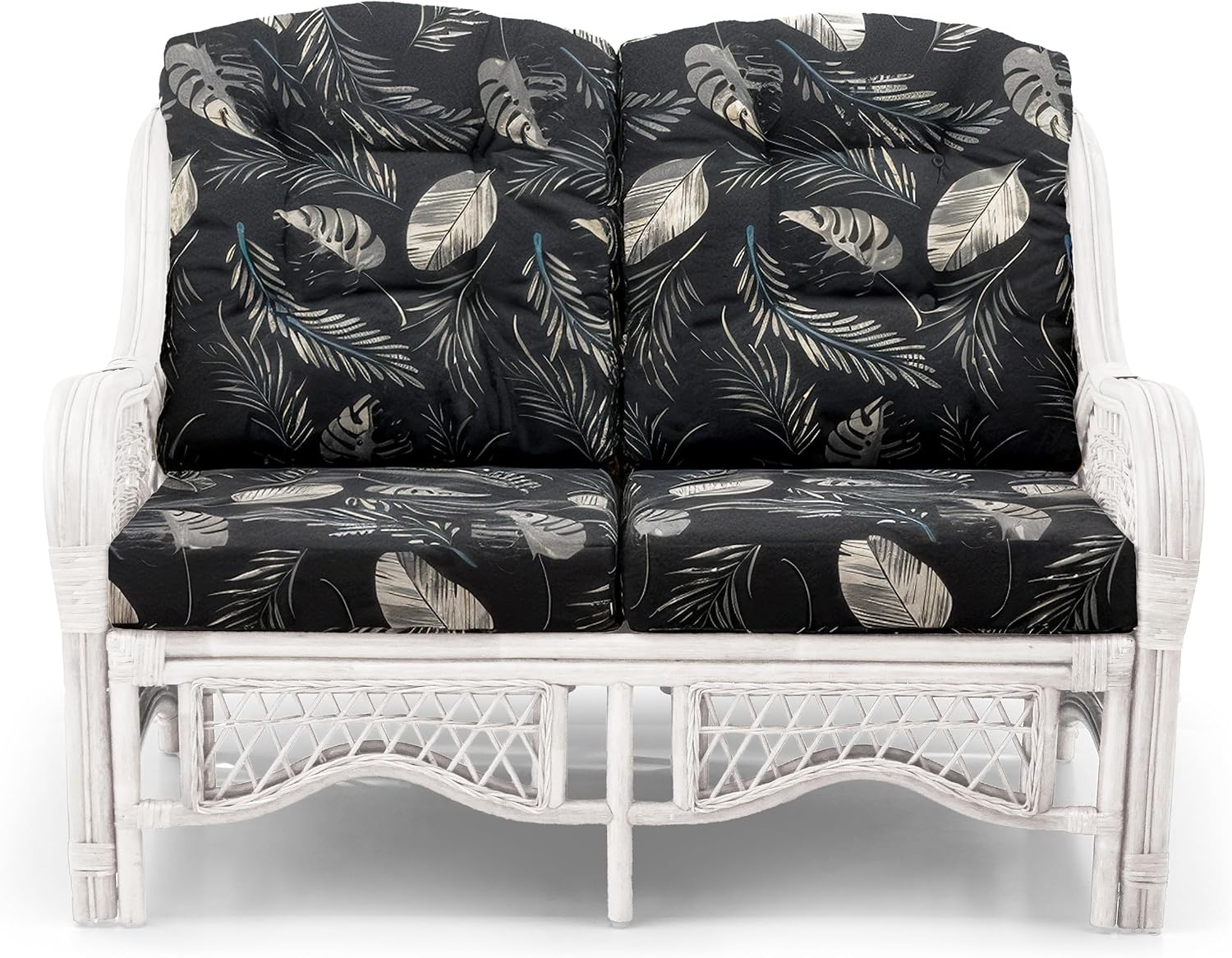 Malibu Lounge Loveseat Sofa Natural Rattan Wicker Handmade Design, White Color with Black Leaf Cushions