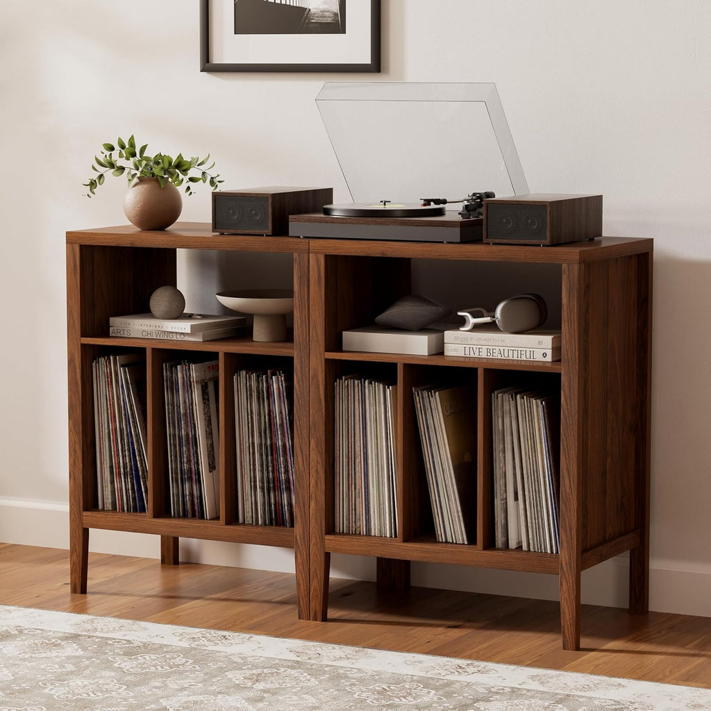 EYYTHUNG Record Player Stand with Vinyl Record Storage Holds up to 180 Albums, Large Turntable Stand Dispaly Shelf, Farmhouse Wood End Table for Bedroom, Living Room, Brown
