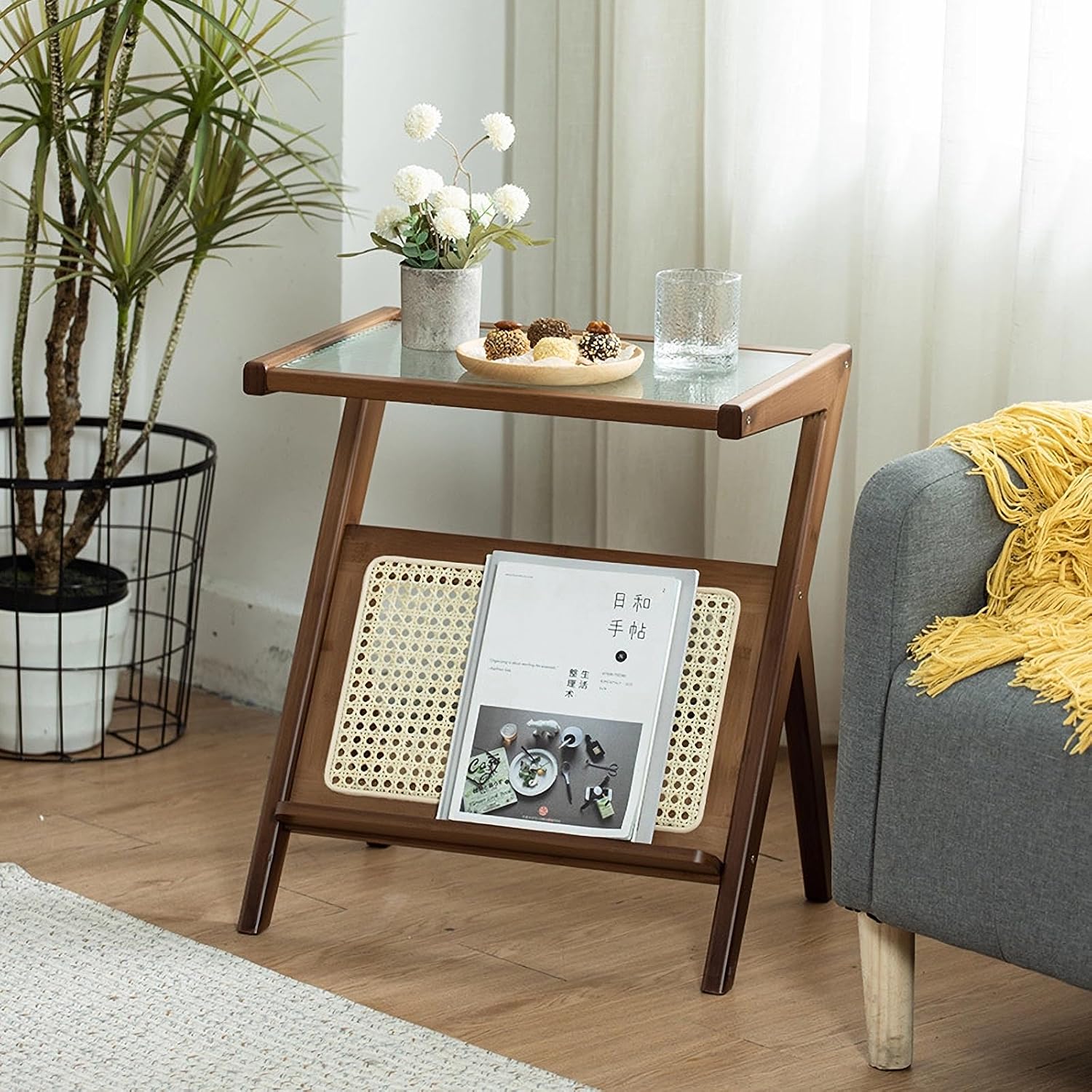 Rattan Nightstand End Side Table Z Shaped with Glass Top & Magazine Rack, Accent Bamboo Bedside Table for Small Space Living Room Bedroom (Walnut)