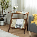 Rattan Bamboo Side Table, Boho Nightstand with Glass Top & Magazine Rack, Storage End Table for Living Room, Bedroom & Study Room,Walnut