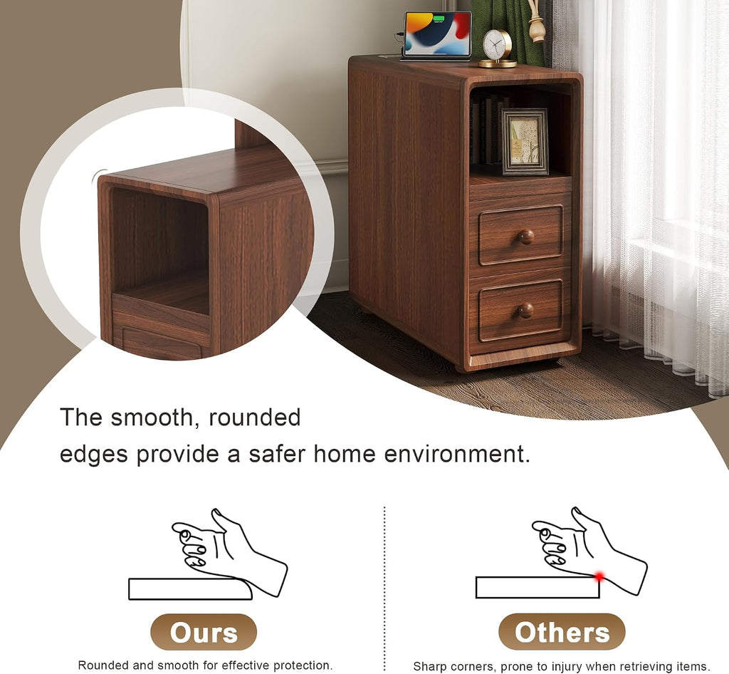 Tall Side Table Fully Assembled End Tables with Charging Station, 47 Inch High Nightstand Bed Side Table with Storage for Living Room & Bed Room, Just Need to Install Legs and Upper Shelves (Walnut)
