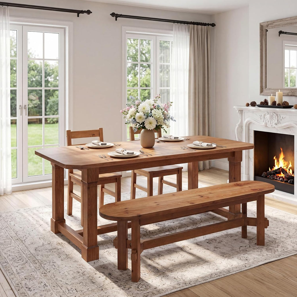 Solid Wood Dining Bench, 55" Wooden Entryway Bench with Thick Block Seat, Farmhouse Rustic Indoor Bench for Dining Table, End of Bed, Hallway, Bedroom, Living Room