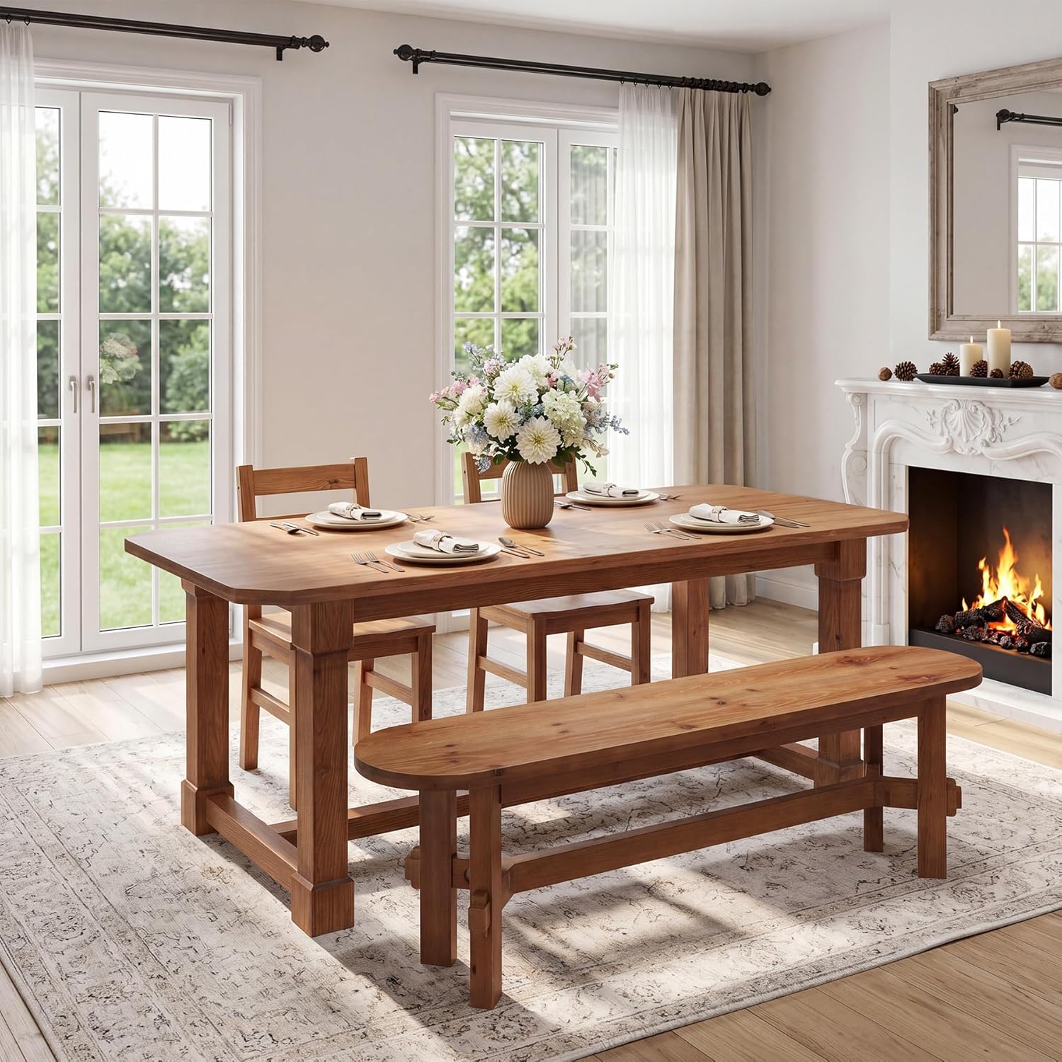 Solid Wood Dining Bench, 55" Wooden Entryway Bench with Thick Block Seat, Farmhouse Rustic Indoor Bench for Dining Table, End of Bed, Hallway, Bedroom, Living Room