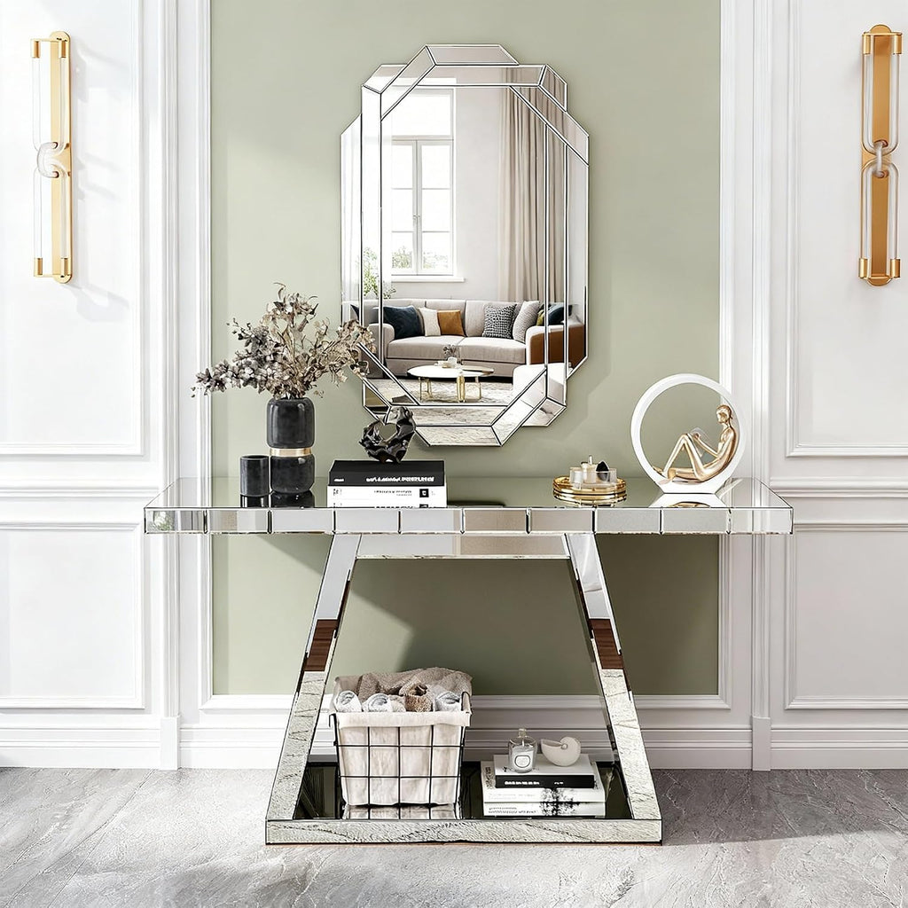55.9" Full Body Mirror Entryway Table with Trapezoid Base 360° Reflective Console Table, Sturdy Wooden Frame, Scratch Resistant Open Storage for Hallway, Living Room, Staircase