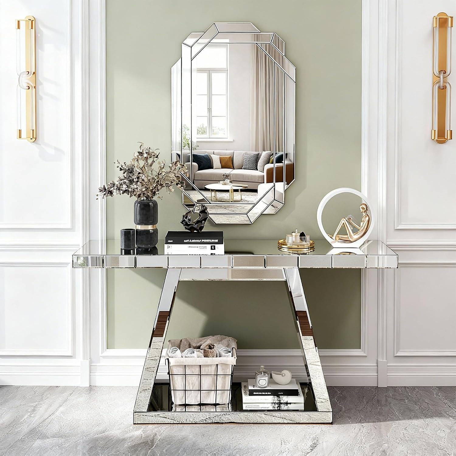 55.9" Full Body Mirror Entryway Table with Trapezoid Base 360° Reflective Console Table, Sturdy Wooden Frame, Scratch Resistant Open Storage for Hallway, Living Room, Staircase