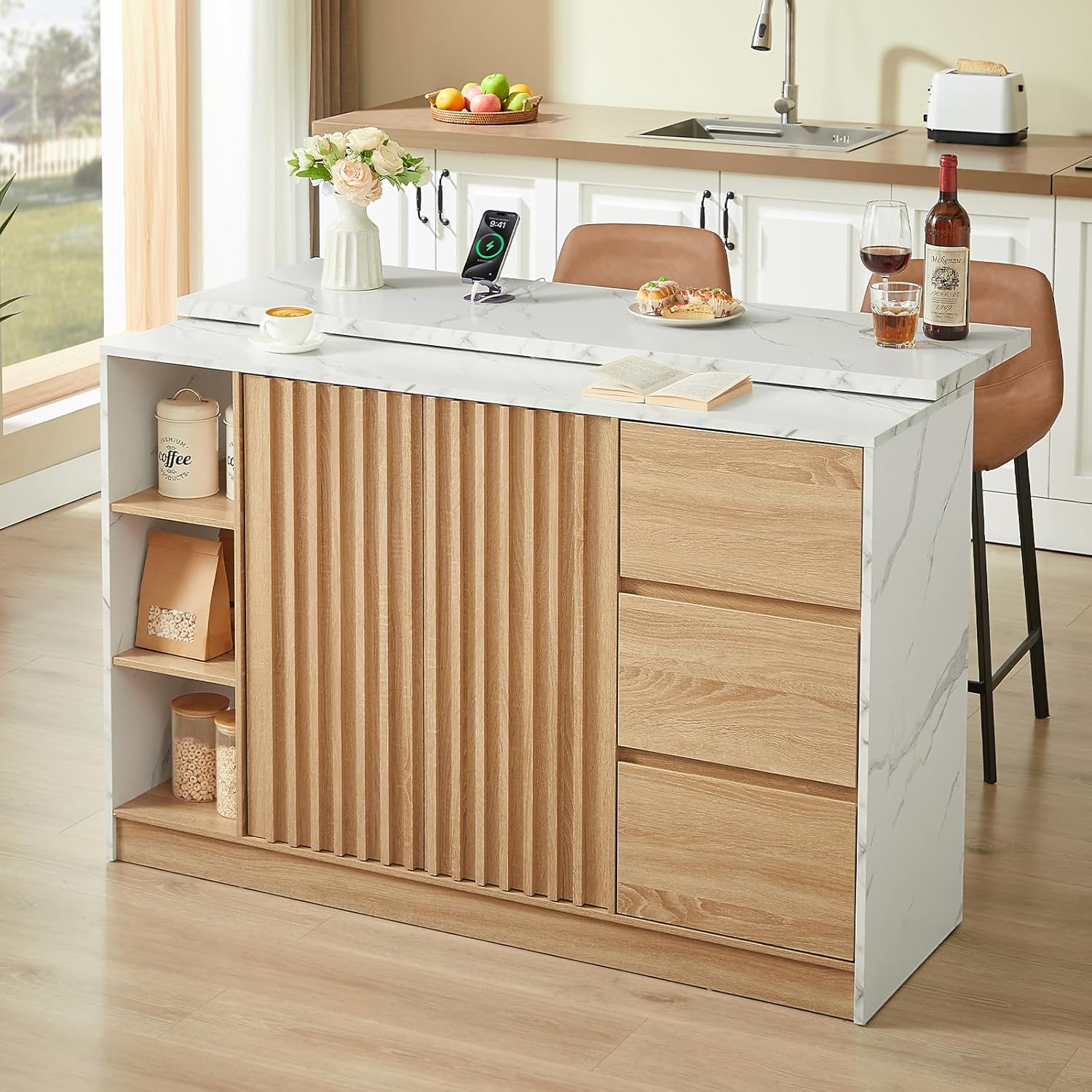 ONBRILL 55" Kitchen Island with Storage, Island Table with Sliding Extendable Countertop, Kitchen Island with Power Outlet for Kitchen, Dining Room, Living Room, White