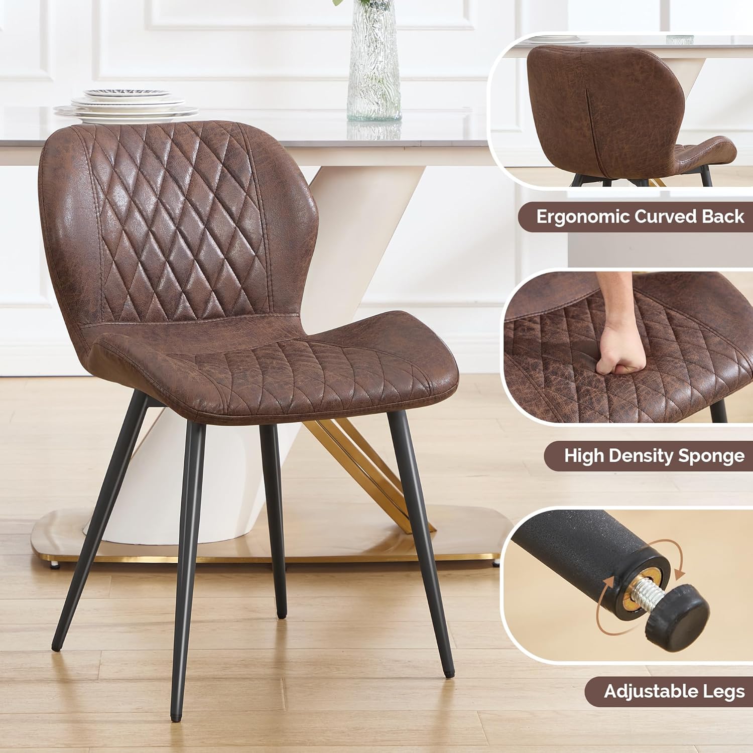 Dining Chairs Set of 4, Comfy Modern Dining Chairs with Thick Cushions, Upholstered Fabric Kitchen Side Chairs with Adjustable Metal Legs for Dining Room (Brown)