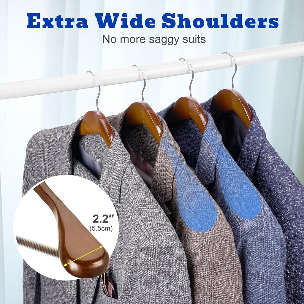 HOUSE DAY Wood Suit Hangers for Men 24 Pack, Smooth Wide Shoulder Wooden Hangers with Non Slip Pant Holder, Wide Hangers for Suits, Coats, Jackets, Heavy Wide Clothes Hanger, Walnut