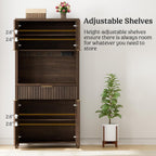 Lulive 71" Fluted Pantry Cabinet with Charging Station & Adjustable Shelves, Spacious Kitchen Storage Cabinet with Open Countertop & Drawer for Dining Room, Living Room, Brown
