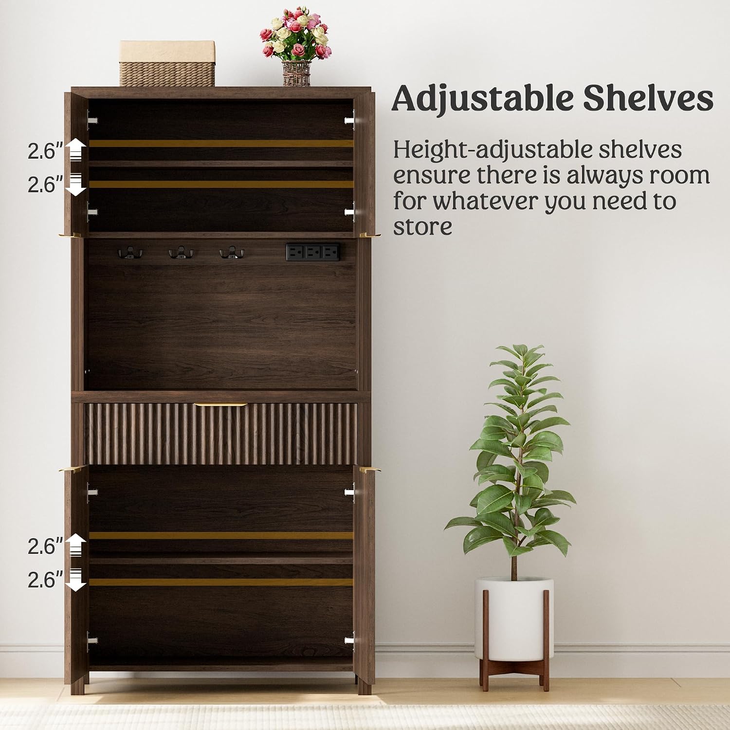 Lulive 71" Fluted Pantry Cabinet with Charging Station & Adjustable Shelves, Spacious Kitchen Storage Cabinet with Open Countertop & Drawer for Dining Room, Living Room, Brown