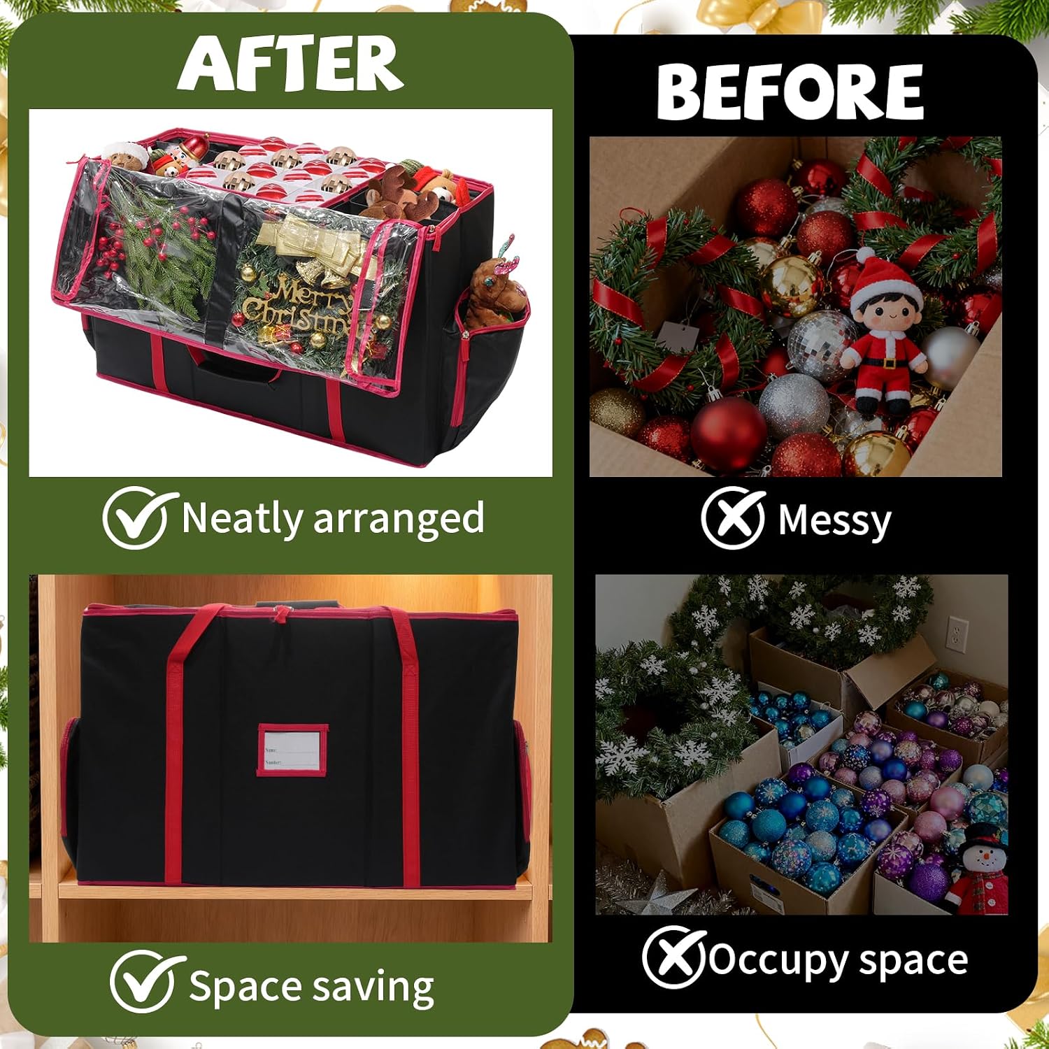 2-in-1 Christmas Ornament Storage Box & Xmas Figurine Container with Dual Zipper Closure Adjustable Dividers and Removable Trays Premium Christmas Ornament Storage Containerd(Black)