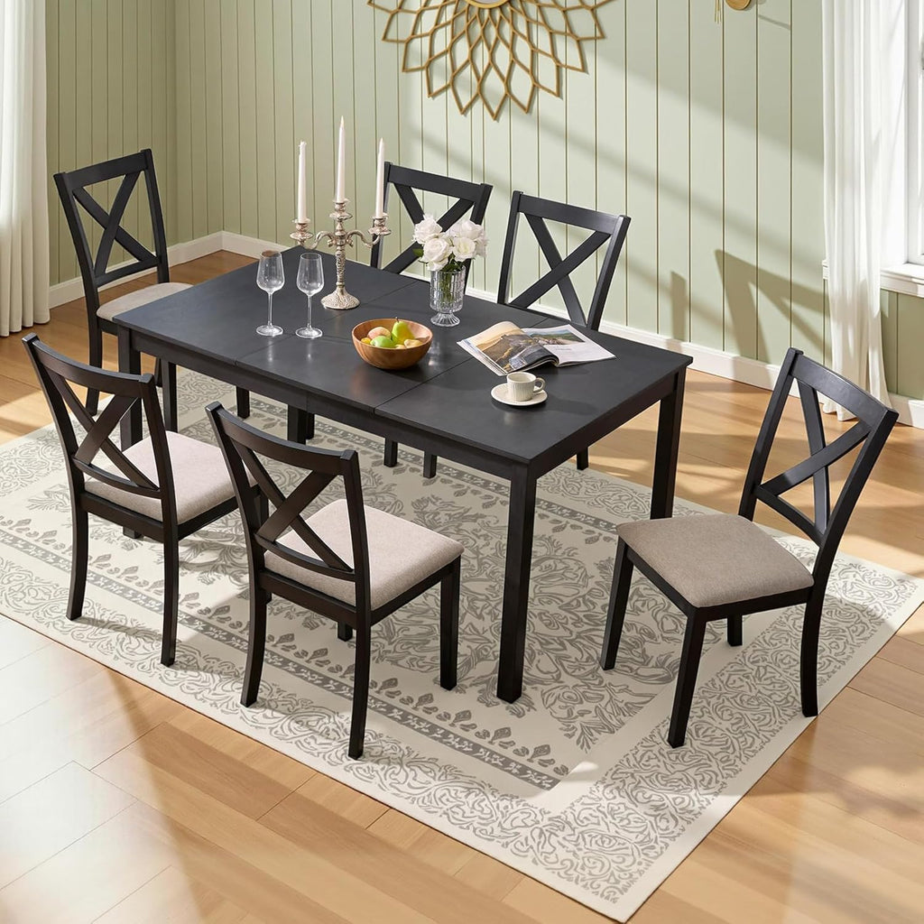 LUXOAK 7-Piece Solid Wood Dining Table Set, 60" Farmhouse Dining Table with 6 Chairs, Rectangular Table Set for 6, Kitchen & Dining Room Furniture, Grey & White