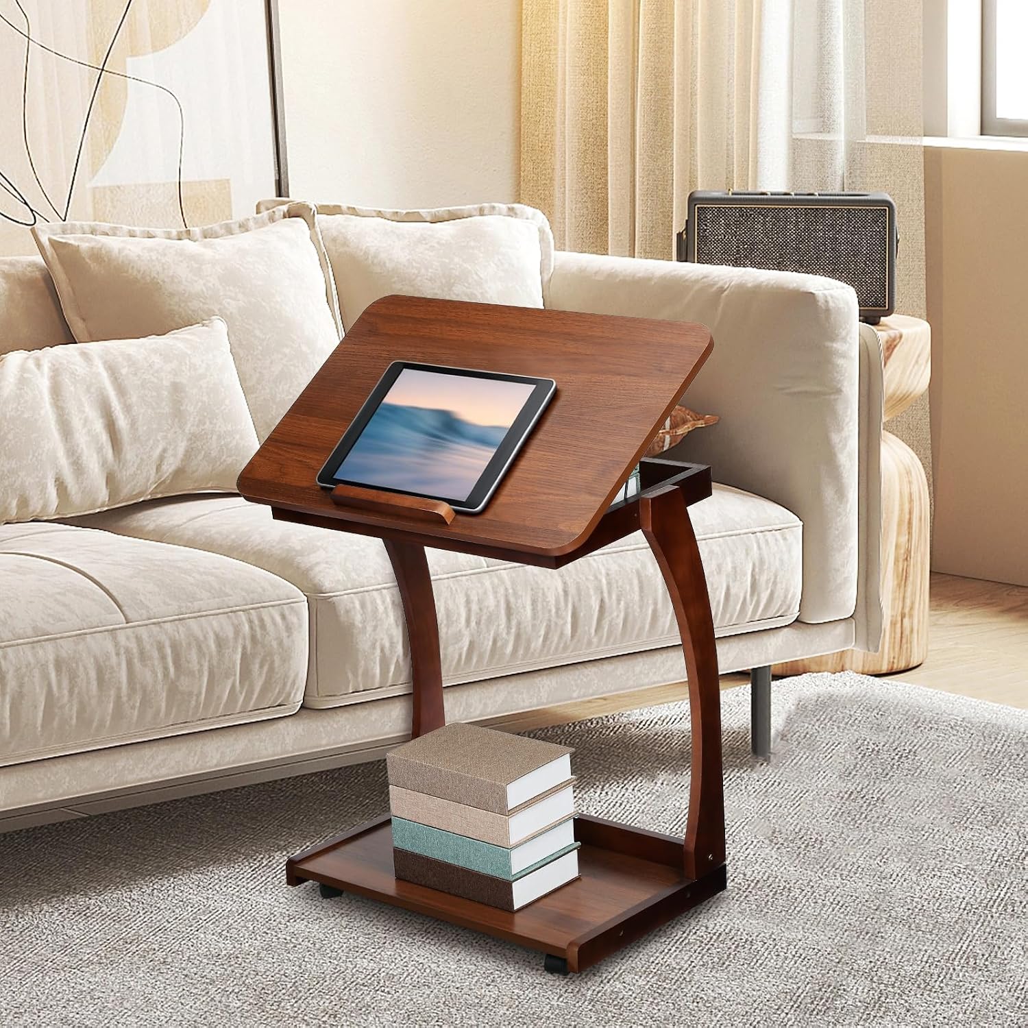 Redriver 24" C Shaped Side Table, Wooden C-Shaped End Table with 3 Adjustable Desktop & 2 Lockable Wheels, Small Couch Rolling Side Table for Living Room, Bedroom