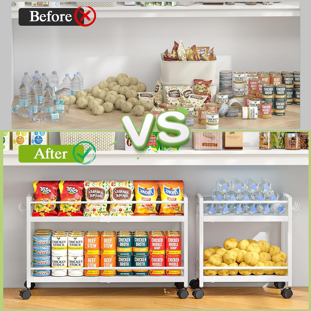 1 Pack 2-Tier Expandable Pantry Floor Organizer Cart, Rolling Pantry Storage Cart with Wheel, Adjustable Can Organizer for Kitchen Pantry, Pantry Shelves and Storage Rack for Snacks, Vegetables, White