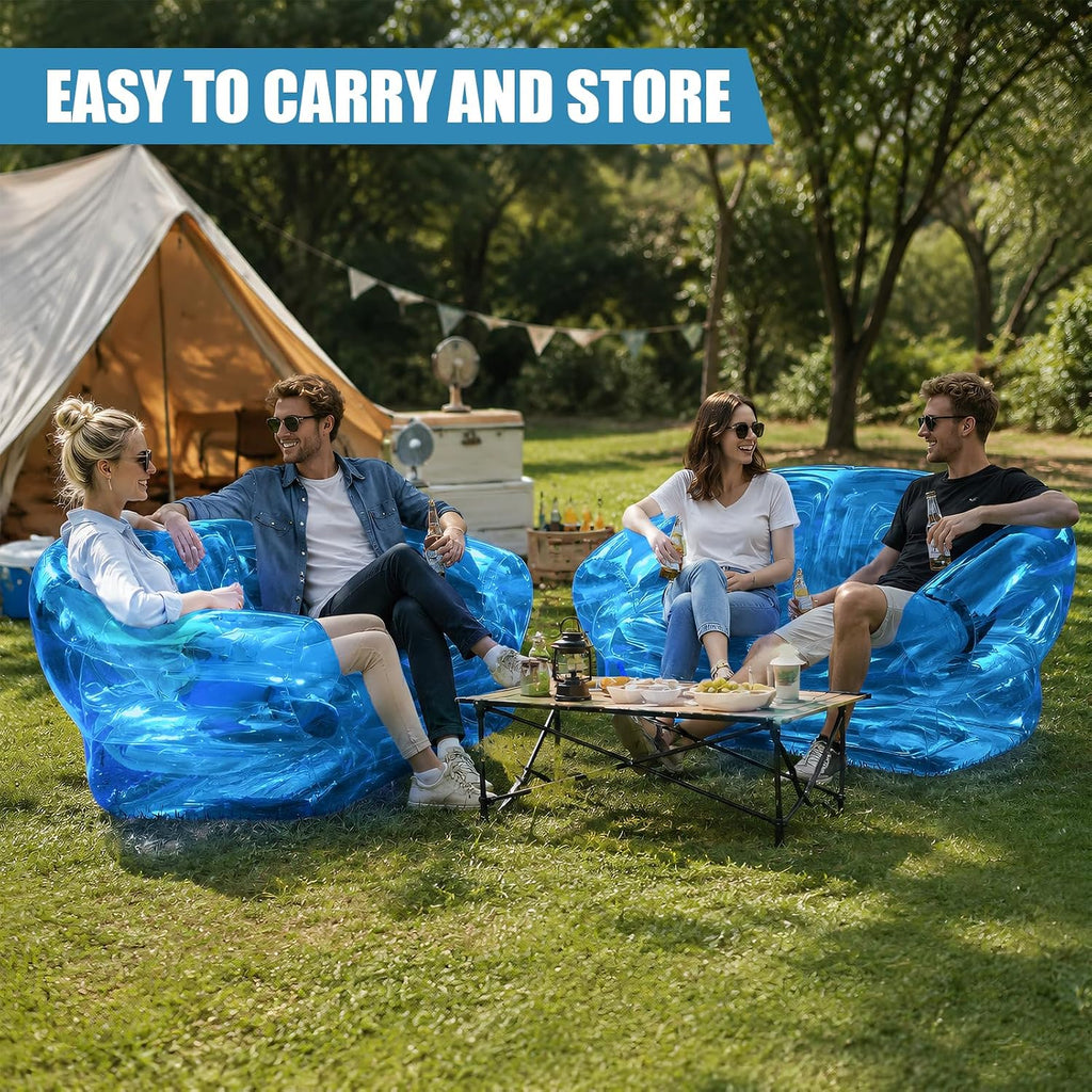 Double Seat Inflatable Couch Blow Up Couch for Camping, Outdoor Transparent Inflatable Sofa, Folding Portable Air Couches, Beach Blow Up Lounger Furniture for Adults Indoor Use for Movie Night Blue