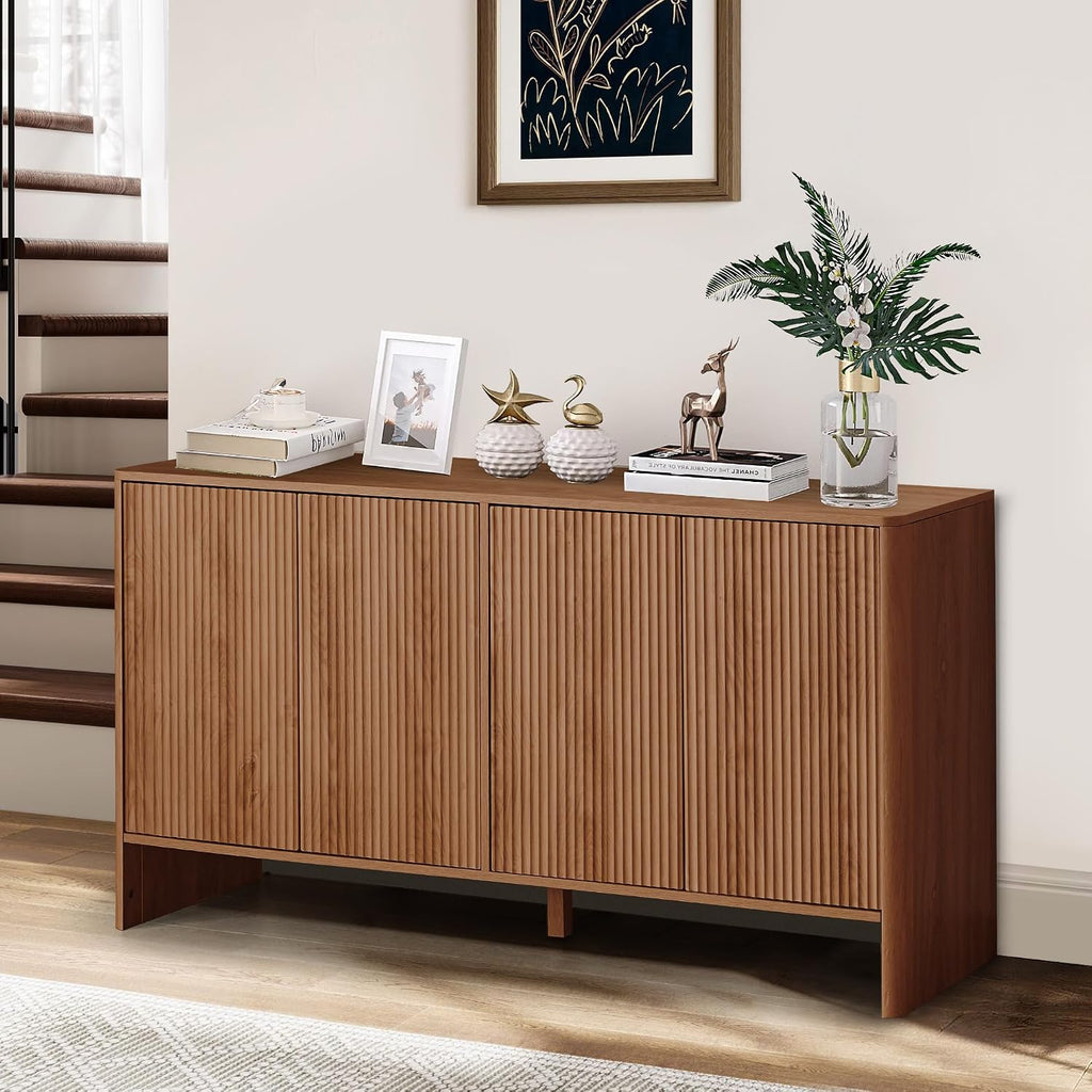 Walnut Sideboard Cabinet, Mid Century Farmhouse Fluted Credenza Sideboard Long Buffet Cabinet with Storage for Kitchen, Dining Room Coffee Buffet, Office, Living Room TV, Entryway, Hallway - 4 Doors