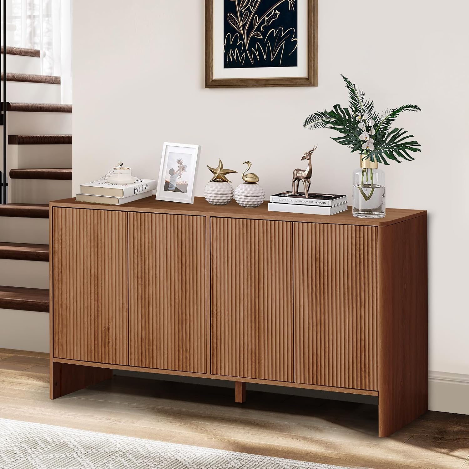 Walnut Sideboard Cabinet, Mid Century Farmhouse Fluted Credenza Sideboard Long Buffet Cabinet with Storage for Kitchen, Dining Room Coffee Buffet, Office, Living Room TV, Entryway, Hallway - 4 Doors