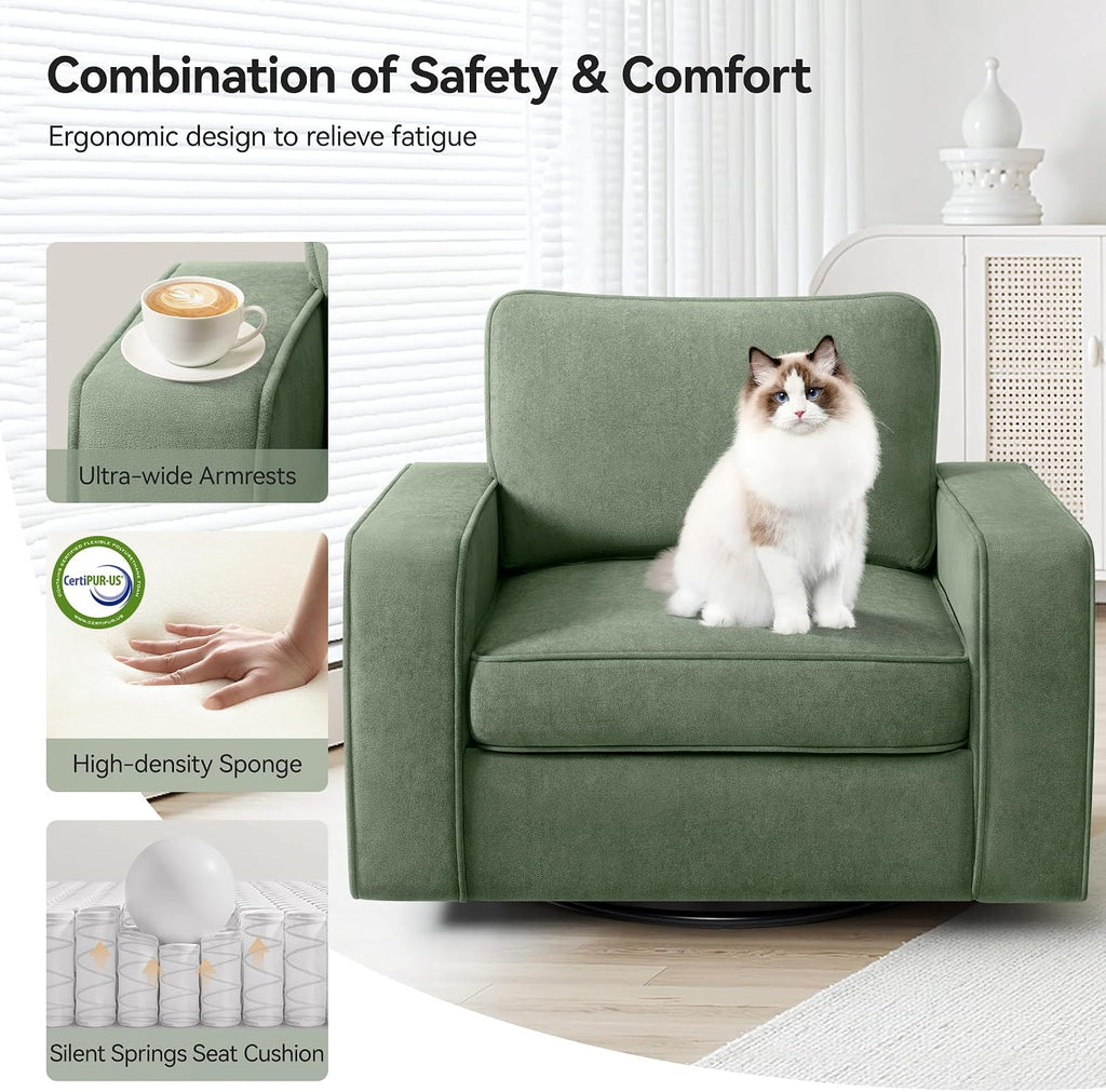36.2" Wide Swivel Accent Chair - 360° Rotation Upholstered Modern Design Comfortable Cushioned Seating, Pillowback Glider Rocking Chair for Living Room, Bedroom, Nursery and Reading Nook, Olive Green
