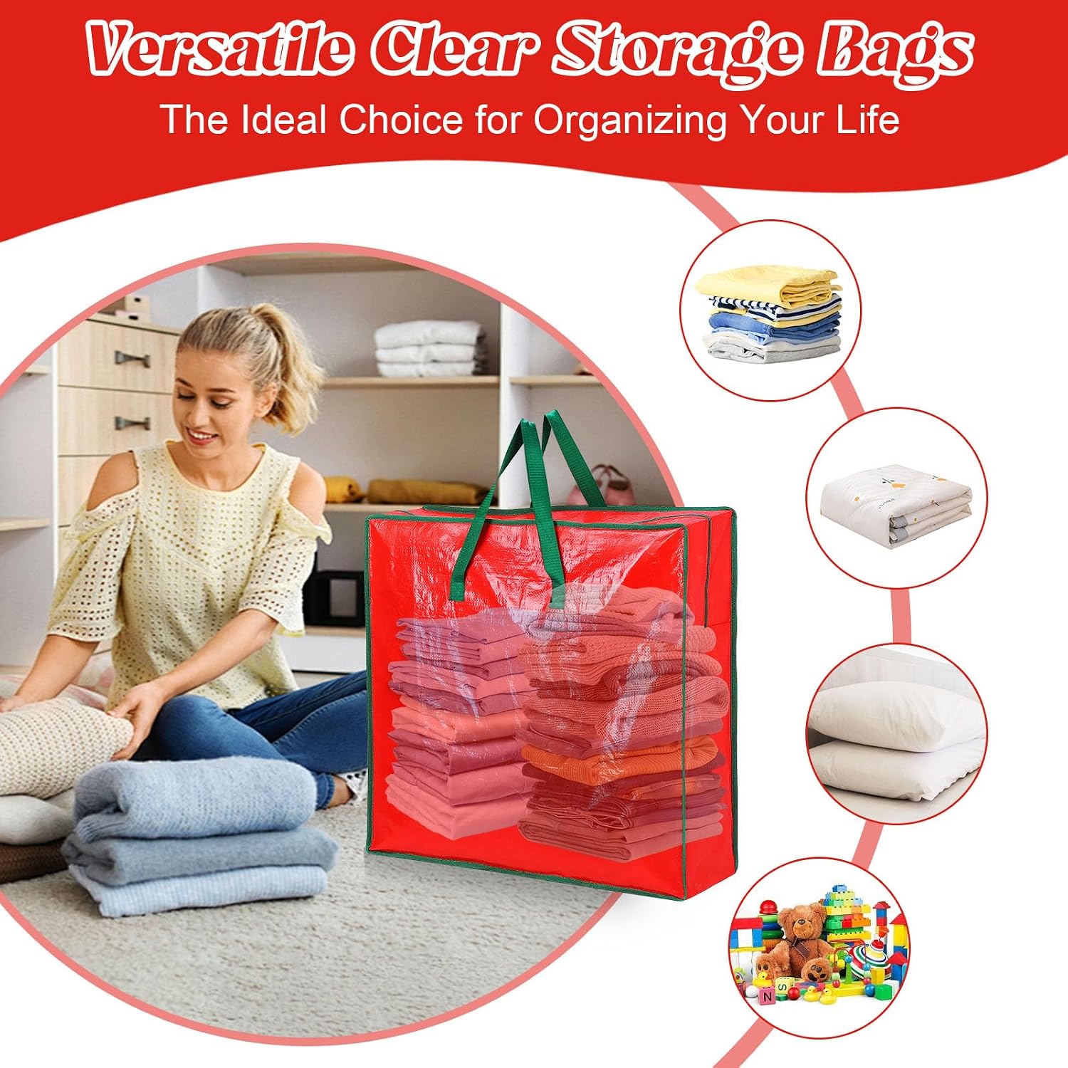 4PCS Christmas Wreath Storage Container, 25" Red Wreath Storage Bags Garland Container Clear Storage Bags with Handles Zippers Christmas Wreath Boxes for Xmas Seasonal Holiday Wreath Garland