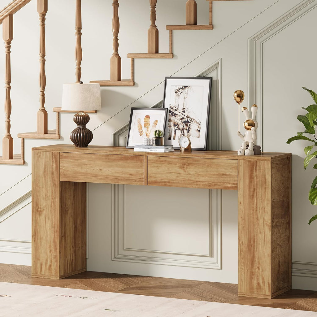 Farmhouse Console Table with LED Light and 2 Drawers, 55 inch Long Sofa Table Behind Couch, Narrow Entry Table for Entryway, Hallway, Entrance, Living Room, Natural Oak
