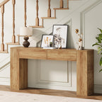 Farmhouse Console Table with LED Light and 2 Drawers, 55 inch Long Sofa Table Behind Couch, Narrow Entry Table for Entryway, Hallway, Entrance, Living Room, Natural Oak