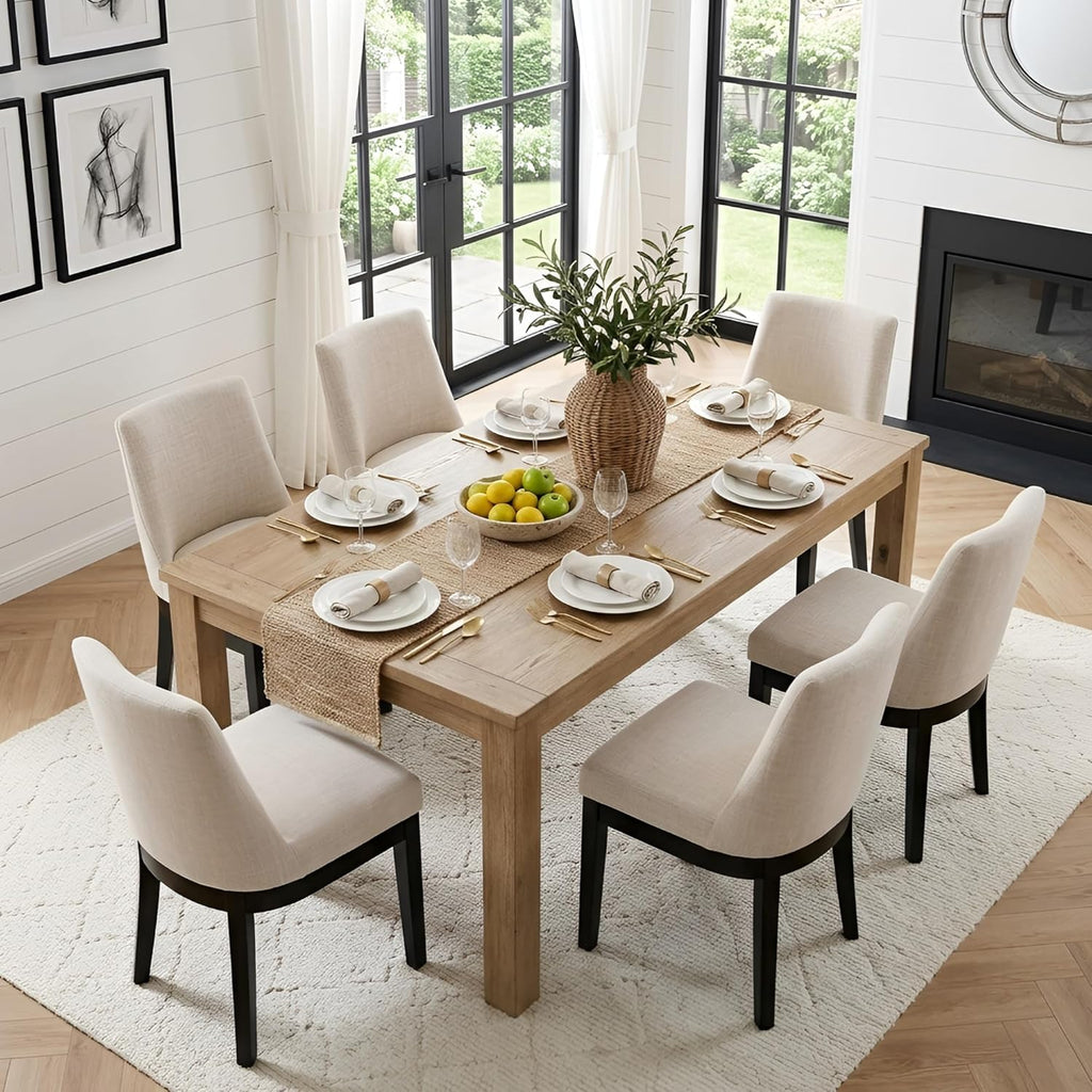 HNY Modern Dining Chairs Set of 4 with Comfortable Back Support, Farmhouse Soft Linen Upholstered Dining Room Chairs with Black Solid Wood Legs, Armless Kitchen Side Chairs for Living Room, Beige