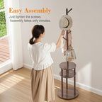 VECELO Coat Rack Freestanding, Entryway Hanger Stand, Umbrella Holder, Hall Tree With Hooks, Floor Standing Tree Stand,Walnut