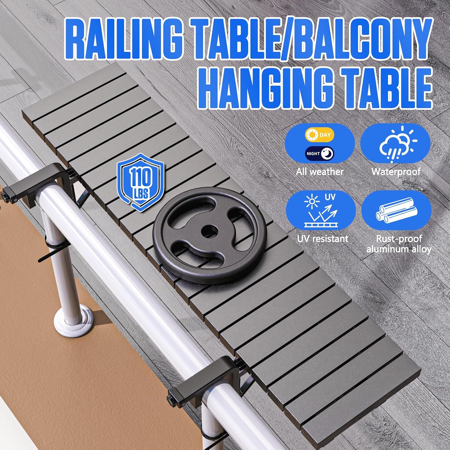 Balcony Table Outdoor Patio Bar Balcony Bar Table for Railings | Heavy-Duty Metal 49"×9.6" Balcony Side Table Holds 110 lbs, Patio Side Table with Adjustable support legs, Fits ≤4.4” Rails
