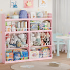 Kids Bookshelf, 8-Tier Bookshelf with Stuffed Animal Storage, Wooden Kids Bookcase and Toy Storage Organizer, Anti-Tipping Wall-Leaning Book Shelf for Kids Room, Playroom, Classroom. Pink