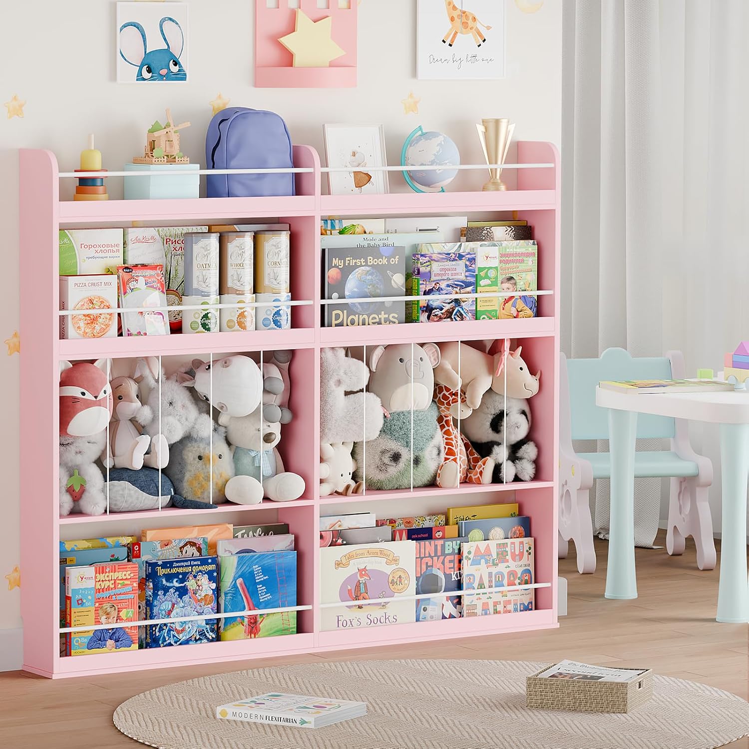 Kids Bookshelf, 8-Tier Bookshelf with Stuffed Animal Storage, Wooden Kids Bookcase and Toy Storage Organizer, Anti-Tipping Wall-Leaning Book Shelf for Kids Room, Playroom, Classroom. Pink