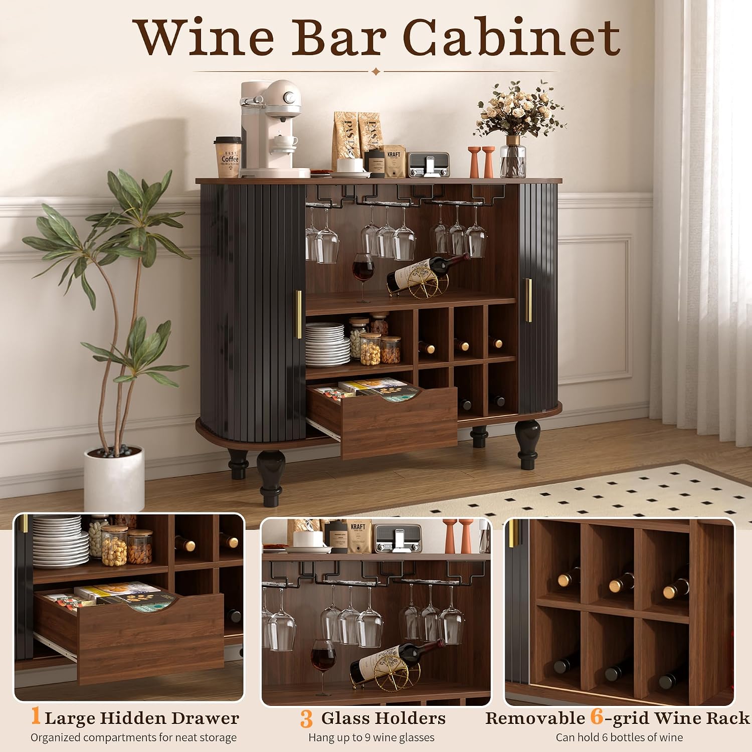 LUMISOL 39" Mid-Century Modern Fluted Wine Bar Cabinet, Wine and Coffee Bar Cabinet with 6-Bottle Wine Rack and 3 Glass Holders, Large Storage Drawer and Side Hidden Storage, Black