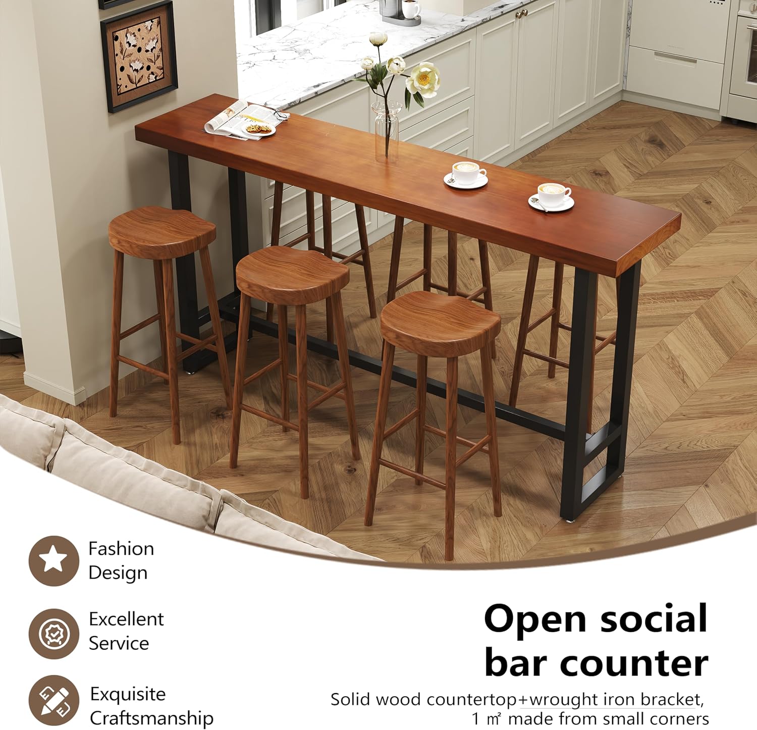 quanzhoulong47in Dark Brown Solid Wood Bar Height Pub Table - Built-in Footrest, Solid Wood Top & Sturdy Metal Legs | Counter Height Dining Table for Kitchen, Bistro & Dining Spaces (47in)