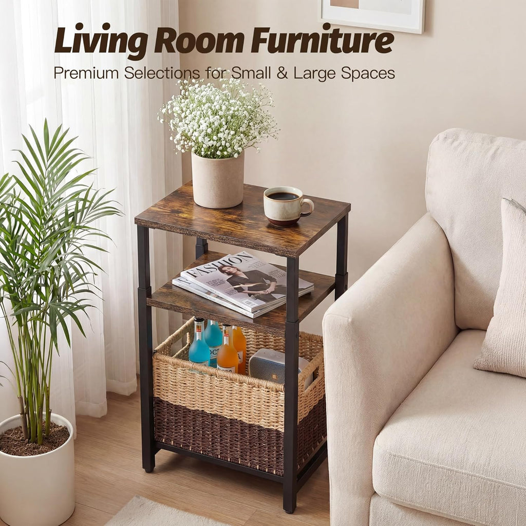 Side Table with Storage Basket, Small End Table with Modern Design and Adjustable Height for Living Room, Bedroom Nightstand Bedside Table for Small Spaces (Rustic Brown + Classic Black)