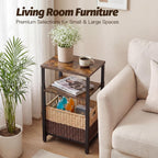 Side Table with Storage Basket, Small End Table with Modern Design and Adjustable Height for Living Room, Bedroom Nightstand Bedside Table for Small Spaces (Rustic Brown + Classic Black)