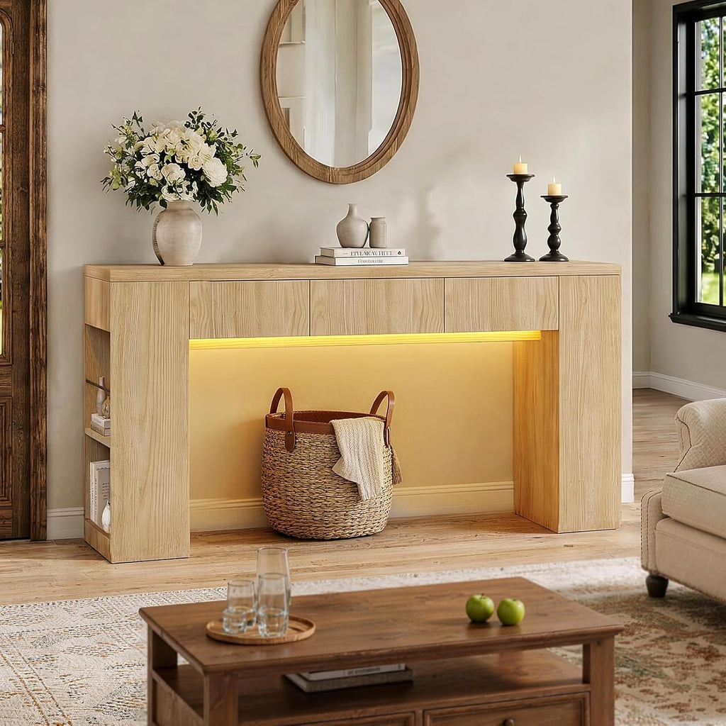 Entryway Table with 3 Drawers and Charging Station, 63" Console Table with LED Lights & Side Storage, Narrow Wooden Sofa Tables for Hallway, Foyer, Living Room, Natural Oak