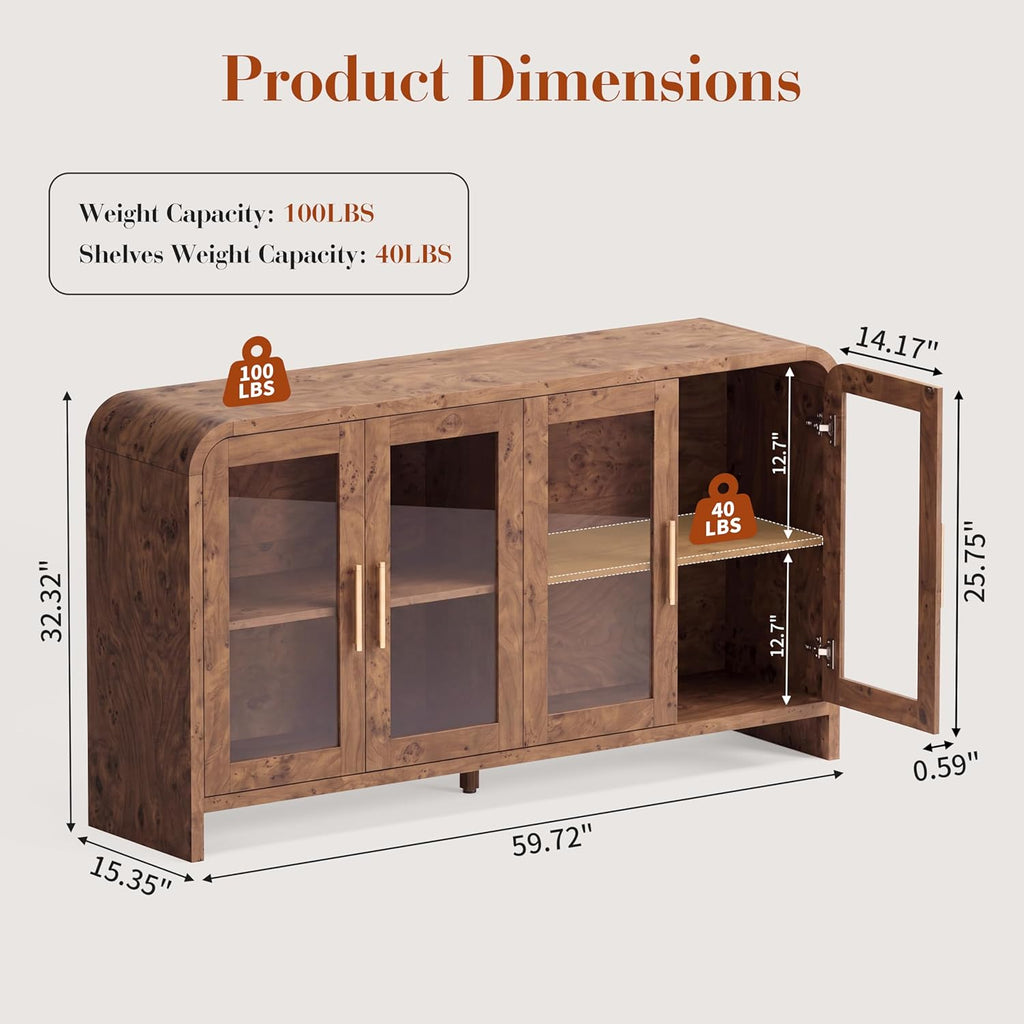 Curved Buffet Storage Cabinet, 59.7" Modern Sideboard with 4 Glass Doors & Adjustable Shelves, Wood Coffee Bar Console Table, Kitchen Cabinet Office Credenza, Hallway, Dark Burl